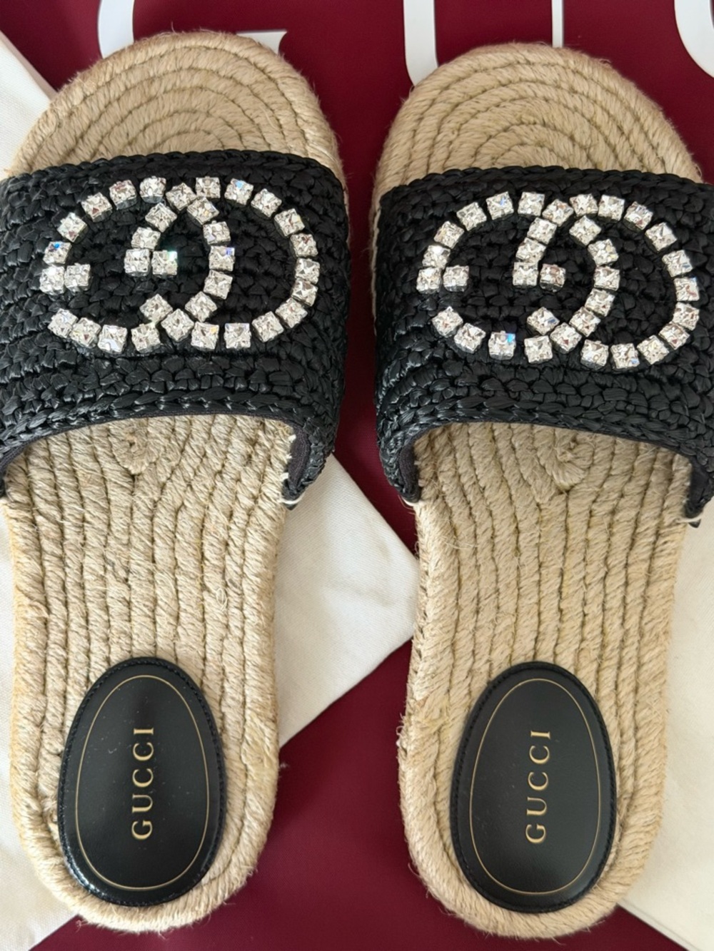 Gucci Black GG Crystal Raffia Embellished Espadrille Sandal Slides NIB 38 - Picture 2 of 5
